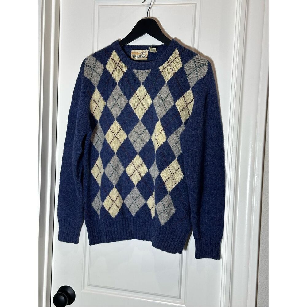Highland size L vintage 100% wool argyle sweater *flawed